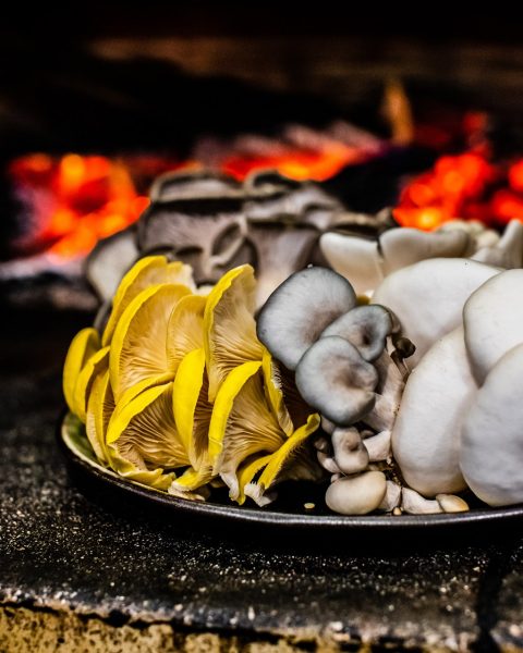 Oyster mushrooms waiting for the flames at Sydney’s Firedoor