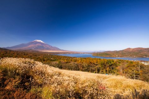 Lake Yamanaka with Mount Fuji in the background in Japan