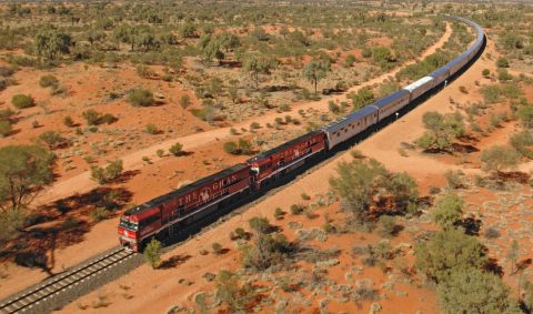 The Ghan as seen from the air travelling across the Northern Territory