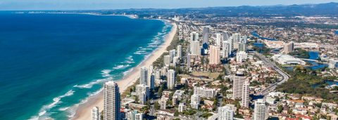 gold coast skyline and beach aerial view