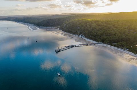 Aerial view of Kingfisher Bay Resort on K'Gari (formerly Fraser Island)