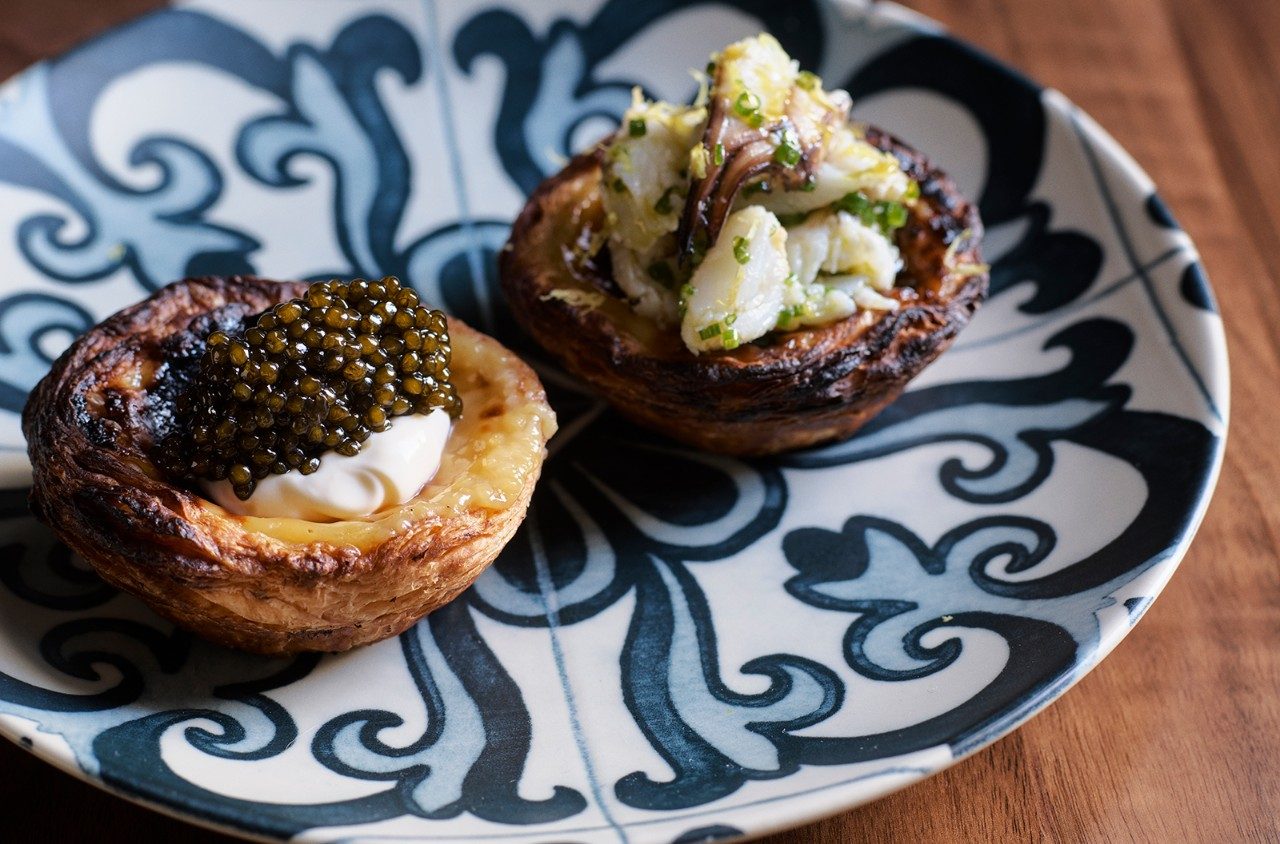 Blue swimmer crab nata and cauliflower nata with caviar at Marmelo restaurant in Melbourne