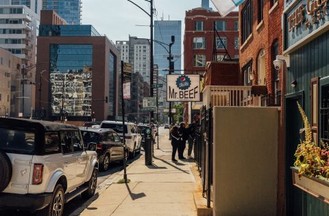 People waiting outside Mr Beef restaurant in Chicago