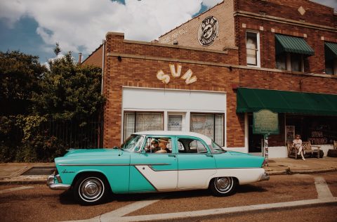 Vintage car outside Sun Studio in Memphis, Tennessee