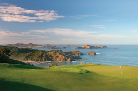 Par 72 Championship golf course at Kauri Cliffs lodge at Matauri Bay, New Zealand