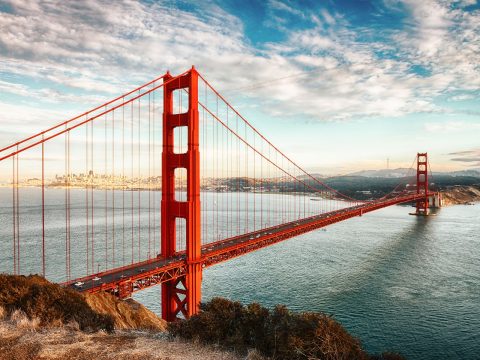 Golden Gate Bridge, San Francisco, at sunrise.